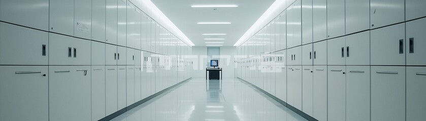 recording financial data for tax submission, rows of filing cabinets, labeled binders, a digital scanner in use, clean aesthetic