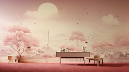 Obraz premium Serene Landscape with Minimalist Furniture and Blossoming Trees