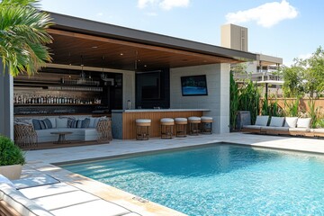 Modern backyard with swimming pool and outdoor bar area featuring tv