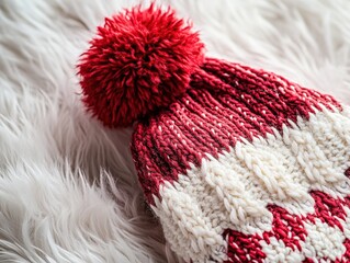 cozy knitted hat with pom pom on soft background