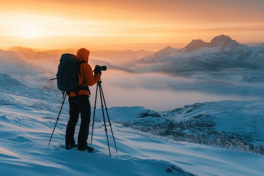 Photographer taking pictures of winter landscape at sunset in the mountains