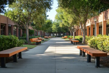 A tranquil campus walkway with orange benches under shady trees. Perfect for education, tranquility, and peaceful environment themes.