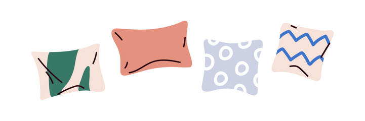 Cozy cushions in modern pillow cases set. Comfortable soft home decor for bed, sofa, couch. Decorative pillowcases, square and rectangle shape. Flat vector illustration isolated on white background