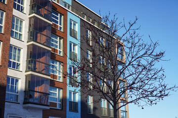 New residential buildings stand out against a clear blue sky in Noblessner, Tallinn, Estonia in 2024