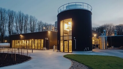 Biogas Facility Night Scene: A biogas plant illuminated at night, fermentation tanks glowing softly under floodlights.
