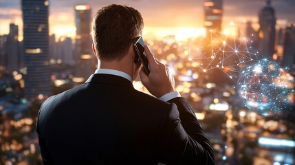 Businessman phone networking worldwide concept. Businessman on phone at sunset, overlooking a city skyline with glowing lights.