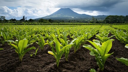 Fototapeta premium Lush Tobacco Field with Mountain Under Dramatic Sky at Sunrise