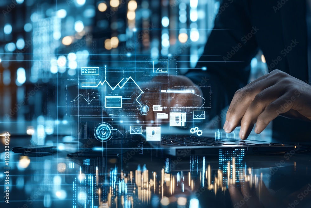 Poster a graphic representation of tax approval workflow with hands typing on a keyboard in the background