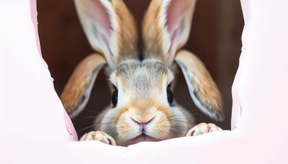 image of an adorable Easter bunny peeking out with playful curiosity is perfect for holiday-themed designs. Featuring soft pink tones and a transparent background, it’s ideal for greeting cards