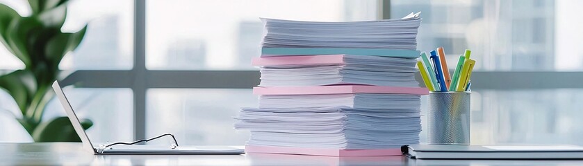 A desk filled with tax records and highlighters for marking important details during submission