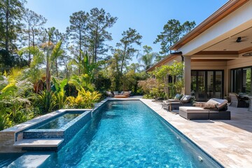 Fototapeta premium Luxurious lap pool and spa inviting relaxation in tropical backyard