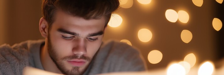 A young man intently focuses on reading a book in a warmly lit atmosphere, symbolizing knowledge, introspection, and the joy of learning in a peaceful environment.