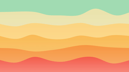 Off red, yellow and green coloured wave patterned background with a flowing design