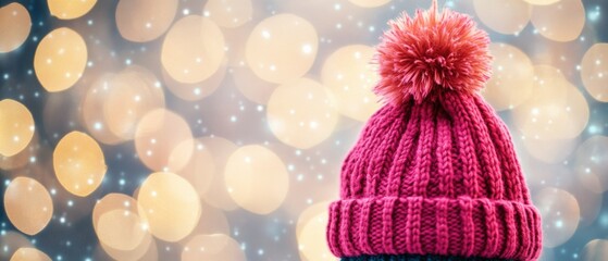 cozy winter hat with pom pom against a blurred background