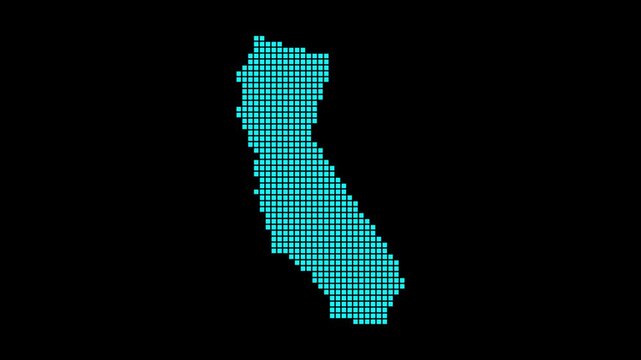 California digital map. Map of California in dotted style. Shape of the US state filled with rectangles. Authentic video.