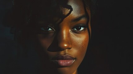 Close-up Portrait of a Black Woman with a Light Source Illuminating Her Face