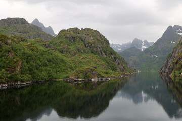 Mountains reflected in the water of the Trollfjord, Norway