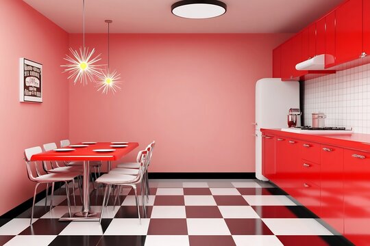Retro Googie Style Kitchenette with Sleek Laminate and Atomic Pendant Lights