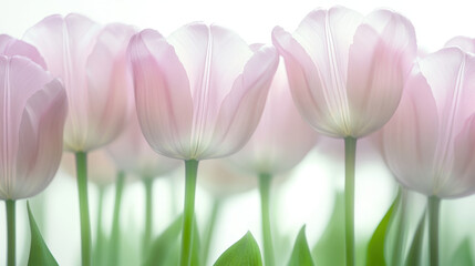 Fototapeta premium Soft pink tulips in serene garden setting create tranquil atmosphere. delicate petals and lush green stems evoke feelings of peace and beauty