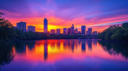 Fototapeta premium vibrant sunset over city skyline reflecting on water