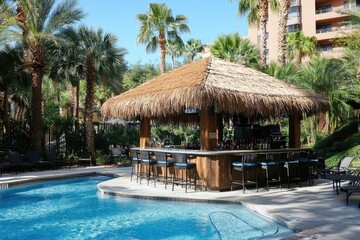 Tiki bar offering refreshments by the resort swimming pool