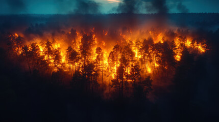 dramatic forest fire engulfs trees in flames, creating vivid contrast against dark night sky. scene evokes sense of urgency and danger