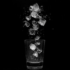 ice cubes splashing into a glass of water