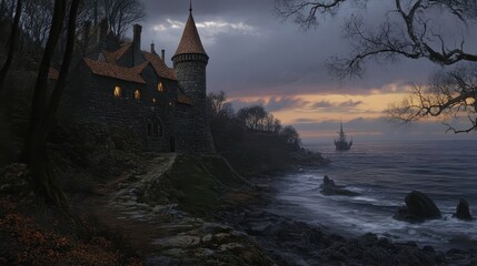 Fototapeta premium Mystical Castle by the Stormy Seaside at Sunset