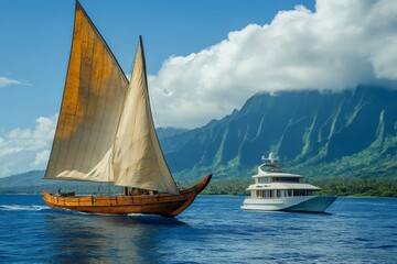 Polynesian va'a sailing canoe and modern yacht sailing near tropical island