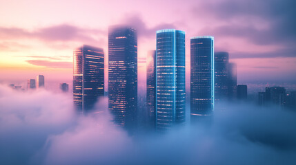Fototapeta premium Futuristic Cityscape in Twilight Skyscrapers Shrouded in Fog