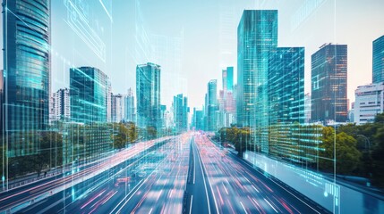 Obraz premium Hyper-modern holographic city design with digital interfaces as roads, transparent skyscrapers with data windows, seamless blend of nature and technology