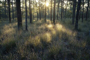 Obraz premium serene forest landscape with sunlight filtering through trees