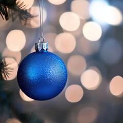 blue ornament hanging on a christmas tree with blurred lights