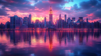 Obraz premium Vibrant sunset cityscape reflected in calm water.