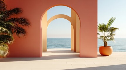 Fototapeta premium Serene Mediterranean Coastal Retreat with Arched Window and Palm Trees