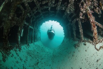 Underwater view of a wreck with marine growth.