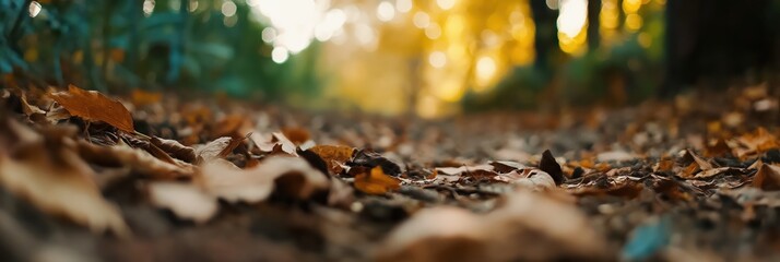 A scenic view of fallen autumn leaves on a forest path evokes tranquility and a connection to nature, symbolizing the beauty of the changing seasons.