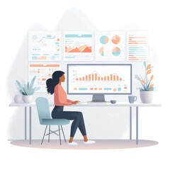 Female employee sitting in front of a large computer monitor showing various charts and graphs, data analysis task
