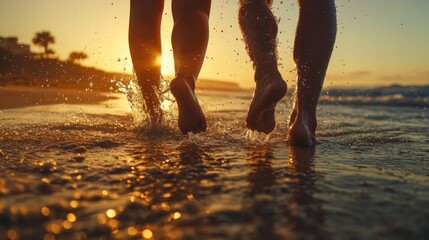 Couple Running Joyfully Through Sunset Ocean Water