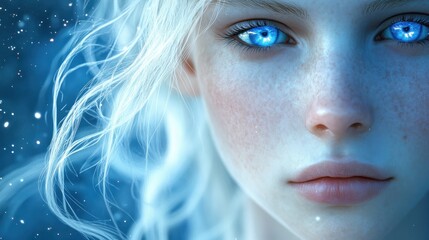 Close-up of a girl with striking blue eyes and pale features