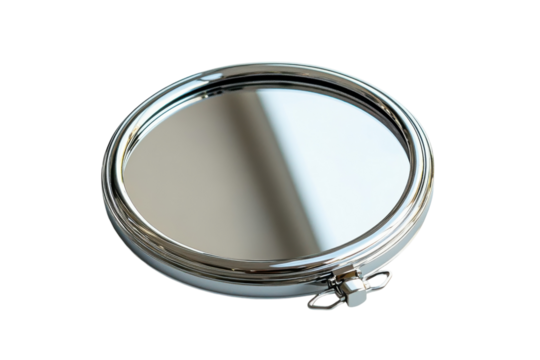 Shiny circular mirror resting on a smooth surface reflecting light in a bright setting
