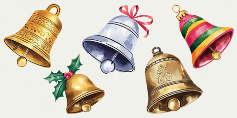 Watercolor Christmas Bells Festive Holiday Gold Silver Bells Decoration