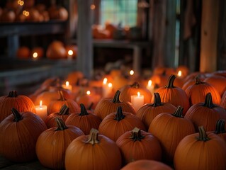 Obraz premium pumpkins with candles in a rustic setting