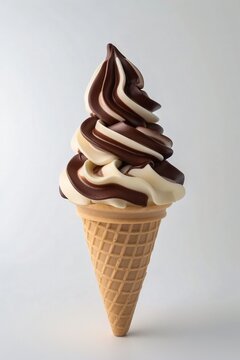 Swirled Chocolate and Vanilla Soft Serve Ice Cream in a Waffle Cone
