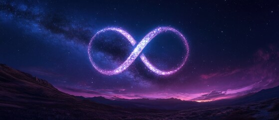 infinity symbol in a cosmic landscape with stars and galaxies