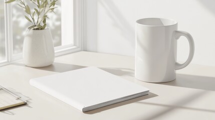 A minimalist desk setup with a New Year's planner, a coffee mug. ai generated