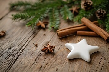 photo of a simple white ceramic star ornament placed on a wooden table with a sprig of pine and scattered cinnamon sticks natural daylight creating a cozy atmosphere