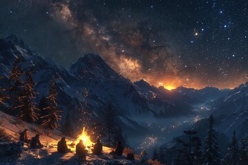 Group of campers gathered around a vibrant bonfire on a snowy mountain slope under a mesmerizing starry night sky with the Milky Way illuminating the picturesque winter landscapeCampfire