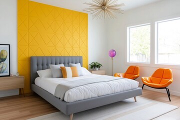 Fototapeta premium Retro Modern Bedroom with Tufted Gray Bed Yellow Geometric Accent Wall and Vintage Orange Chairs