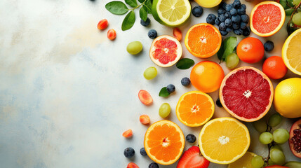 Fresh citrus fruits and berries arranged beautifully on light background, showcasing vibrant colors and textures. This colorful display evokes sense of health and vitality